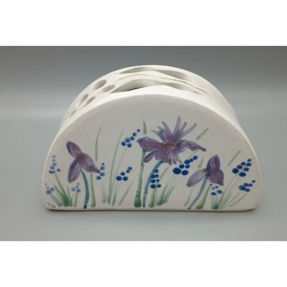 Ceramic Art Piece Vase Hand Thrown Painted Iris Floral Arrangement